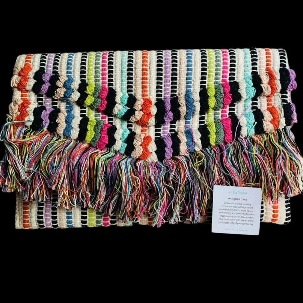 New Large Stella & Dot Taj Hand Woven Colorful Fringe Clutch - Picture 4 of 6